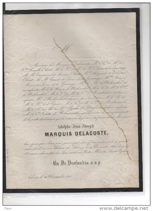 Marquis DelaCoste Adolphe ° 1800 + Chateau Sebourg 19/11/1863 Obert De La Grange Nédonchel D'Hauterive Pycke De Peteghem - Décès