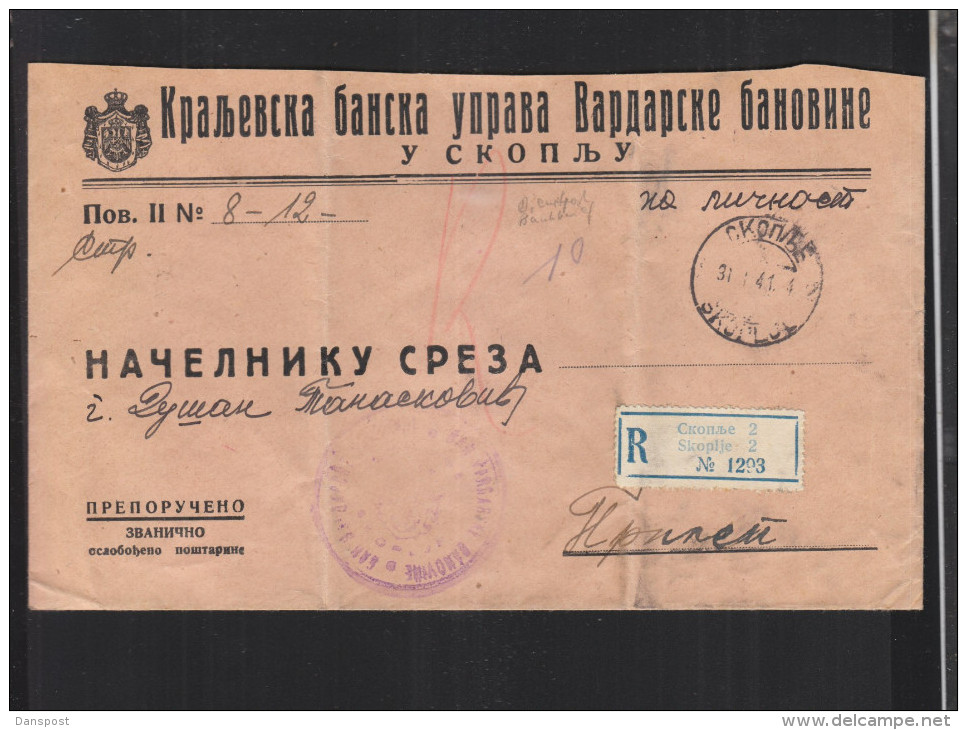 Yugoslavia Registered Official Cover Skoplje 1941 - Storia Postale