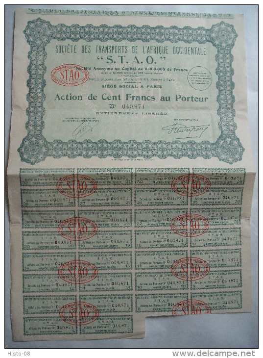 ACTION: SOCIETE DES TRANSPORTS D'AFRIQUE OCCIDENTALE...1927... - Autres & Non Classés