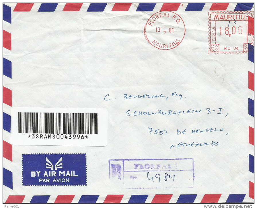 Mauritius Maurice 2001 Floreal Meter Franking Hasler “Smile” RC 04 Barcoded Registered Cover - Mauritius (1968-...)