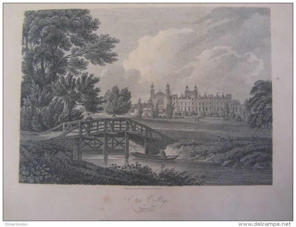 Gravure Antique De 1805 Du College Eaton - Antique Engraving Of Eaton College In Bucks - Prints & Engravings