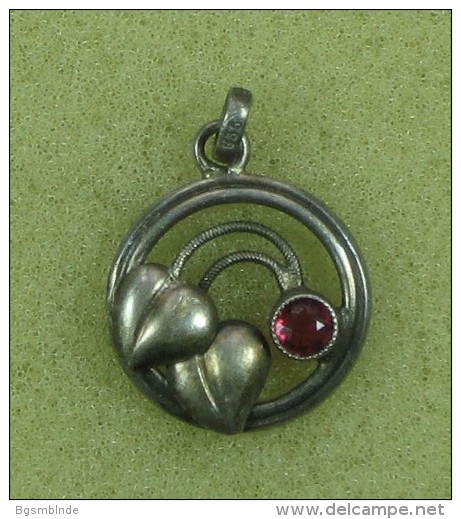 Antiker Anhänger - Silber 835 - "2 Herzen Mit Rotem Stein" - Pendants