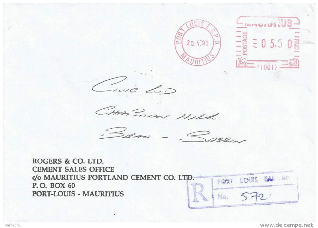 Mauritius Maurice 1998 Port Louis ES PO Meter Franking Pitney Bowes-GB “Paragon” PT 0017 Domestic Registered Cover - Mauritius (1968-...)