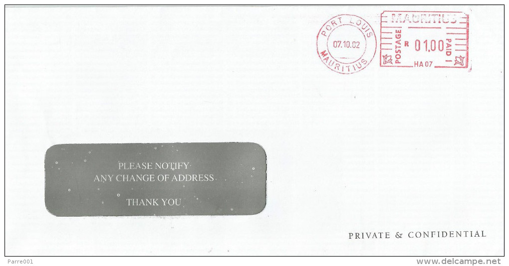 Mauritius Maurice 2002 Port Louis Meter Franking Hasler "Mailmaster” HA 07 Mauritius Commercial Bank Domestic Cover - Mauritius (1968-...)