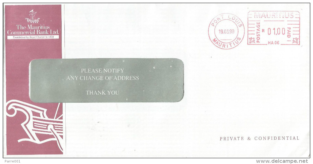 Mauritius Maurice 1999 Port Louis Meter Franking Hasler "Mailmaster” HA 06 Mauritius Commercial Bank Domestic Cover - Mauritius (1968-...)