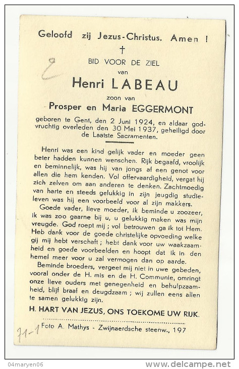 -* *Dierbaar Aandenken Van Henri  LABEAU°GENT 2/6/1924-/+30/5/1937 - Religione & Esoterismo
