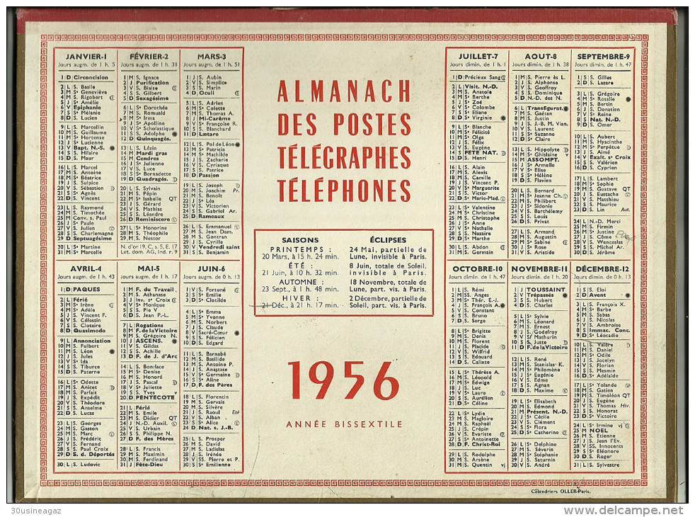 Calendrier 1956, Almanach Des PTT,postes,29 X 21,5 Cm.departement 26 Drome,pêche - Grand Format : 1941-60