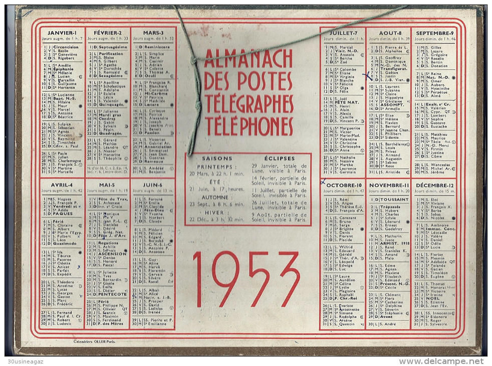 Calendrier 1953, Almanach Des PTT,postes,29 X 21,5 Cm.departement 26 Drome,une Belle Nichèe,enfants Chiens - Grand Format : 1941-60