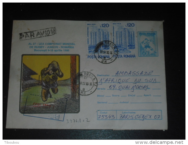LETTRE ENTIER POSTAL ROUMANIE ROMANIA ROMANA AVEC YT 3976A - SPORT RUGBY - HOTEL - - Covers & Documents