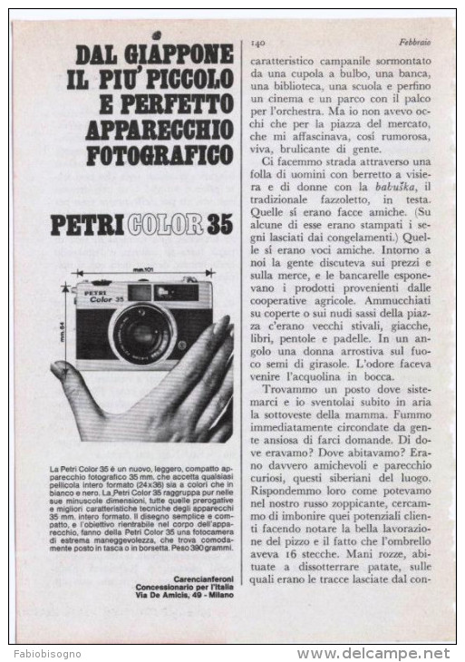 1970 - Macchina Fotografica PETRI COLOR 35 -  1 Pagina Pubblicità Cm. 13 X 18 - Cameras