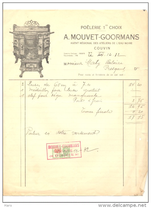 COUVIN 1932 - Facture - Poêlerie, Quincaillerie A. MOUVET - GOORMANS- Poêle Crapaud à Pavés (b156) - 1900 – 1949