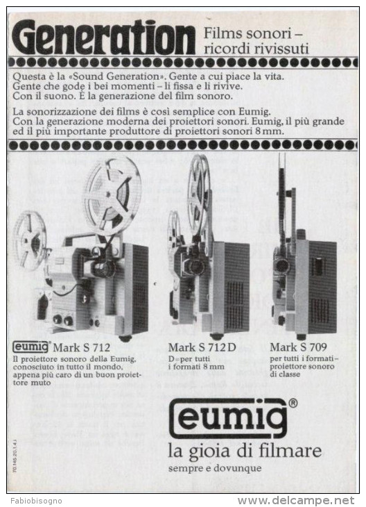 1970 - Proiettore EUMIG -  1  Pubblicità Cm. 13,5 X 18,5 - Proiettori Cinematografiche