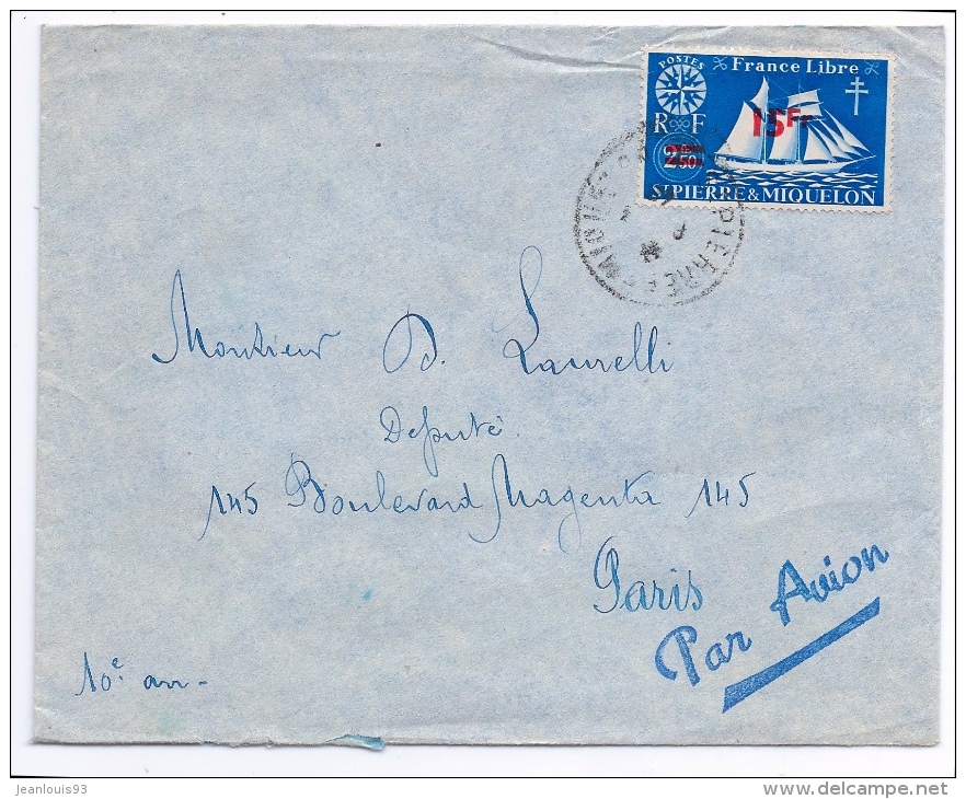 SAINT PIERRE ET MIQUELON  - 322 SEUL SUR LETTRE - BATEAU LONDRES FRANCE LIBRE - Cartas & Documentos