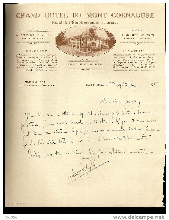 LETTRE ILLUSTRÉE Du GRAND HOTEL DU MONT CORNADORE SAINT NECTAIRE (PUY DE DOME ) - Sport & Tourismus