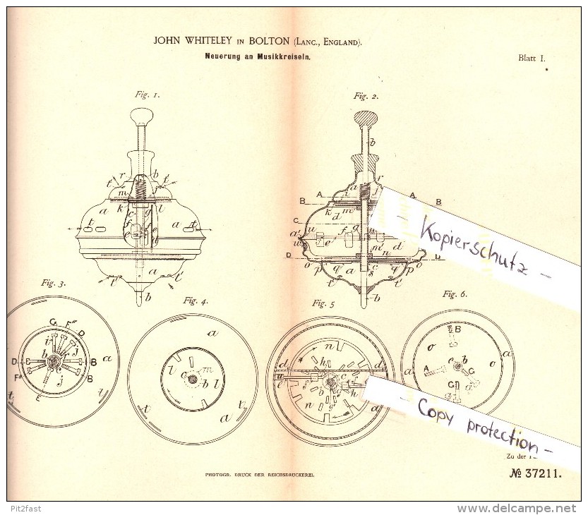 Original Patent - John Whiteley In Bolton , England , 1885 , Musikkreisel , Kreisel , Music Gyro , Musique Gyroscope !!! - Antikspielzeug