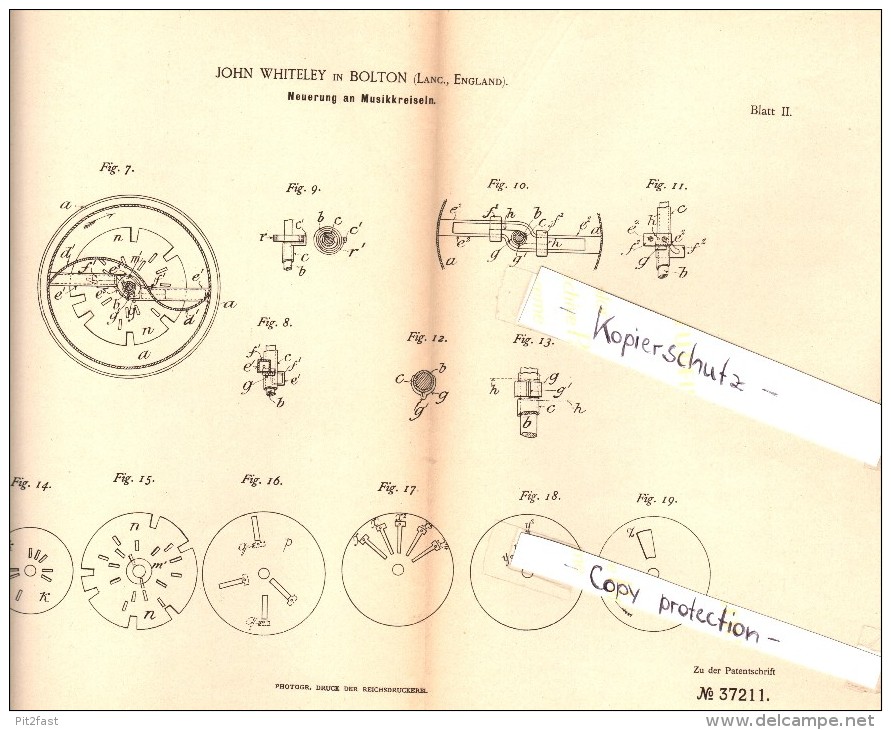 Original Patent - John Whiteley In Bolton , England , 1885 , Musikkreisel , Kreisel , Music Gyro , Musique Gyroscope !!! - Antikspielzeug