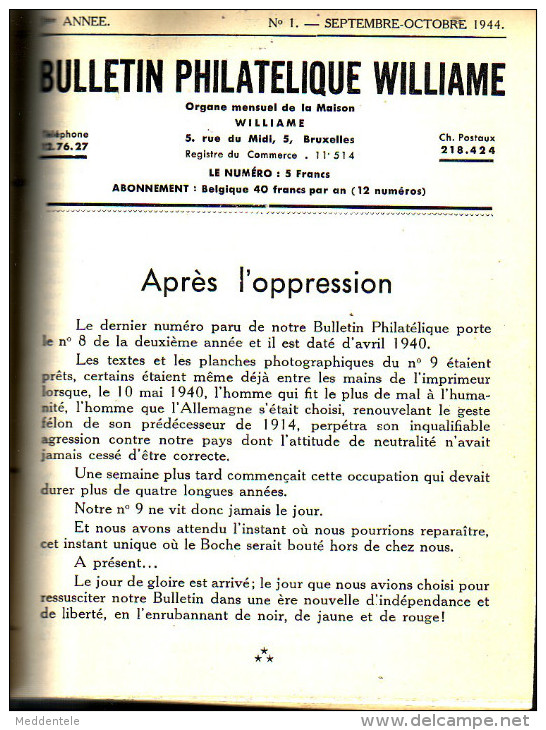 BULLETINS PHILATELIQUES WILLIAME 12 Numéros Reliés 1944-1945 Super Etat TRES RARE - Philatélie Et Histoire Postale