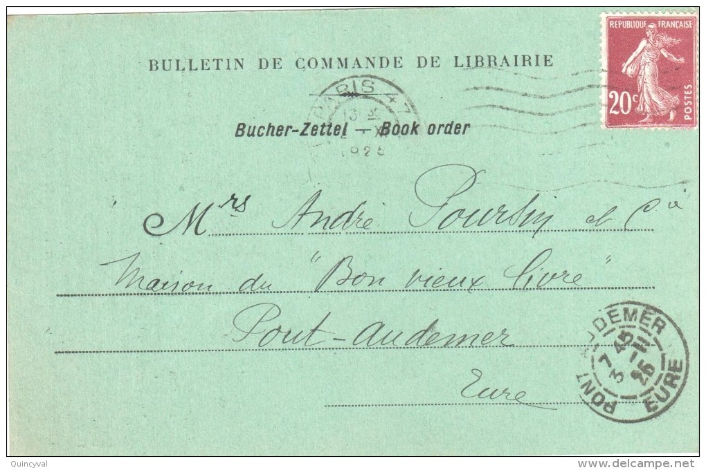 2952 PARIS 47 Carte Postale Decommande Librairie PICARD Ob 3 11 1925 Semeuse 20 C Yv 139 - Lettres & Documents