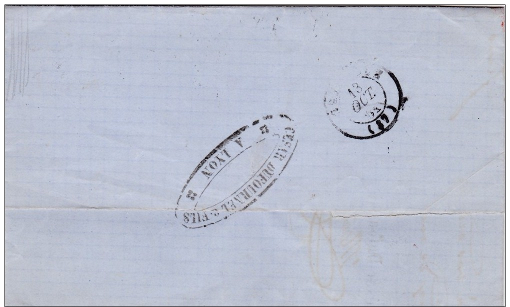 ANCIENNE LETTRE FRANCE CACHET 1862 LYON PC 1818 SUR TIMBRE 40C EMPIRE ORANGE POUR GRENOBLE - 1849-1876: Classic Period