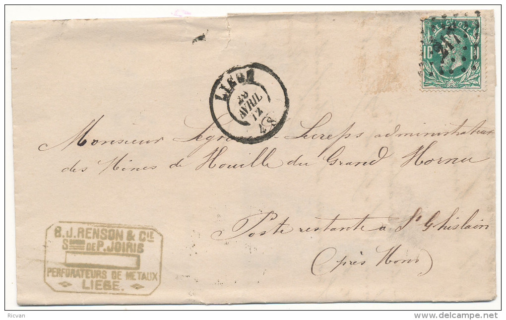 1872 FIRMABRIEF MET PZ30 VAN LIEGE(2RING+PUNTSTEMPEL 217) NAAR (PR)St GHISLAIN(2RING) !!SCHEURTJE!!ZIE SCAN(S) - 1869-1883 Léopold II