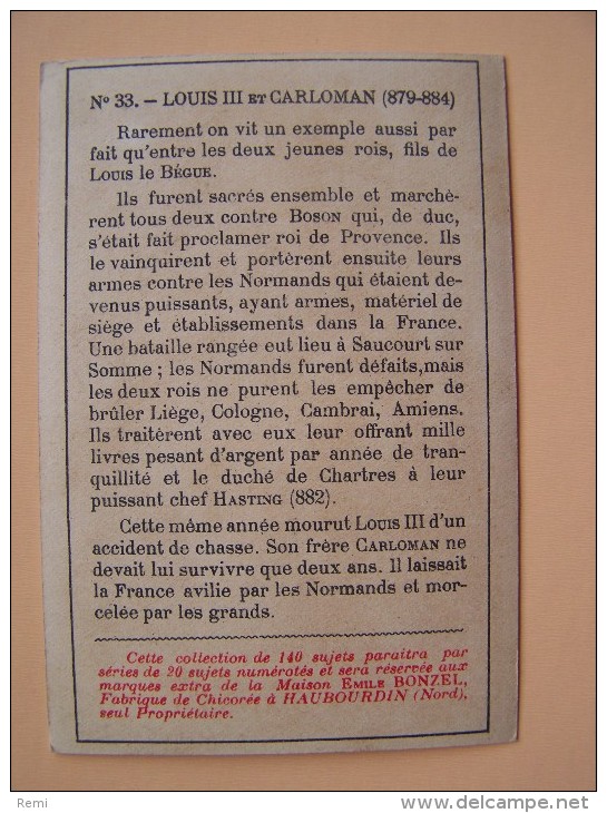 CHROMO CHICOREE à La BERGERE Emile BONZEL HAUBOURDIN Nord N°33 LOUIS III Et CARLOMAN (879-884) - Autres & Non Classés