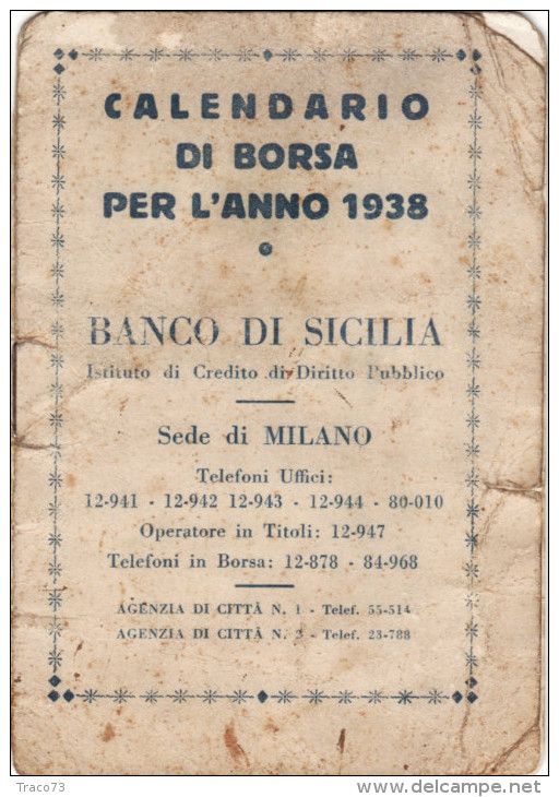 BANCO DI SICILIA  /   1938  _ Calendario Di Borsa - Small : 1921-40