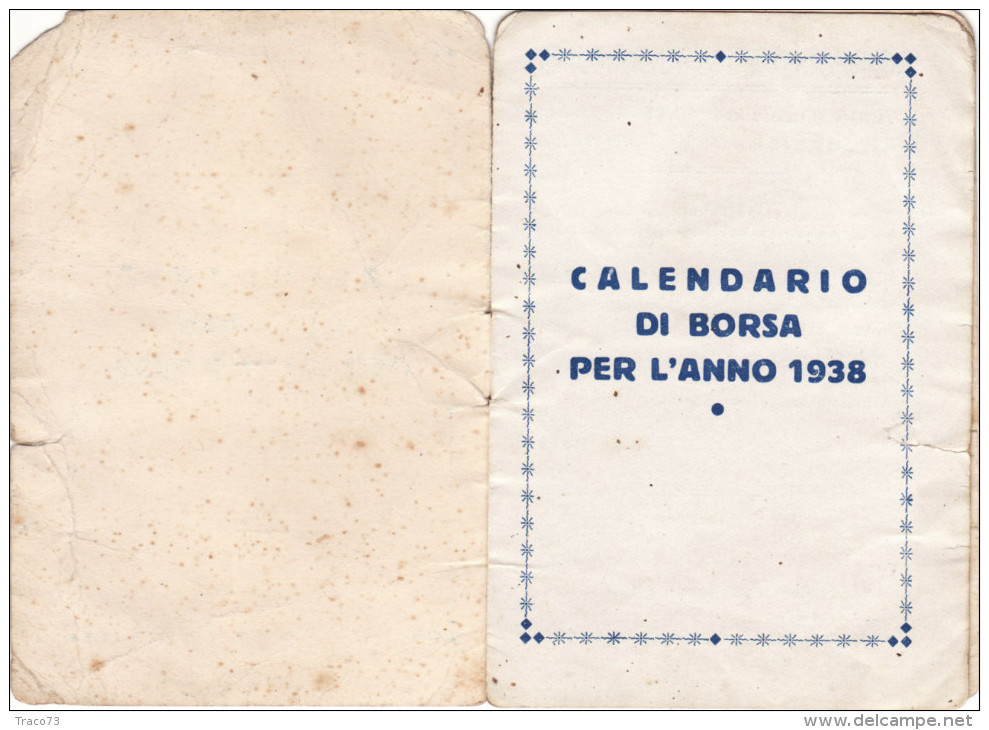 BANCO DI SICILIA  /   1938  _ Calendario Di Borsa - Tamaño Pequeño : 1921-40