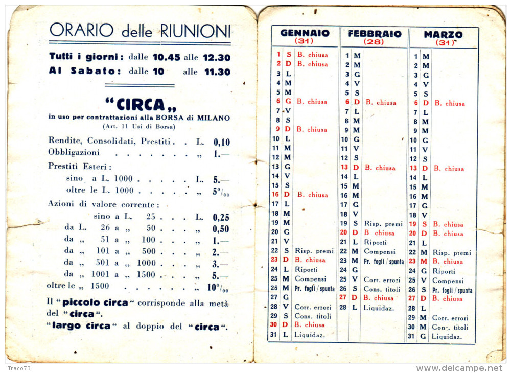 BANCO DI SICILIA  /   1938  _ Calendario Di Borsa - Petit Format : 1921-40