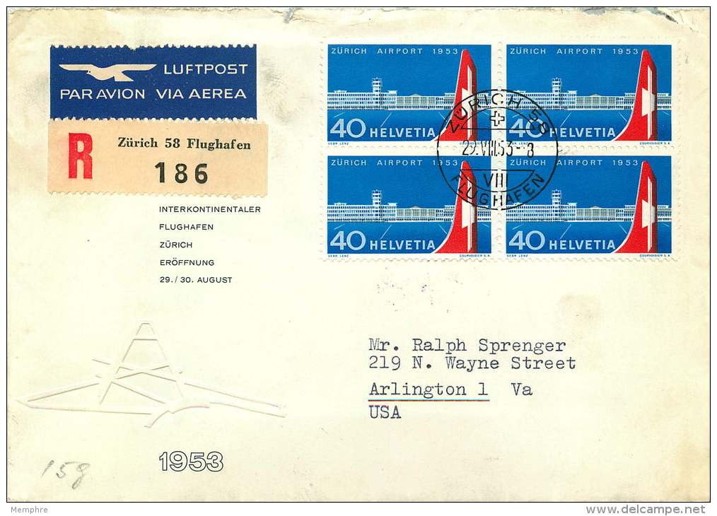 1953  Aéroport De Zurich Zum 313 Bloc De 4 / Oblitération Aéroport De Zurich / Recommandé Pour Les USA - FDC