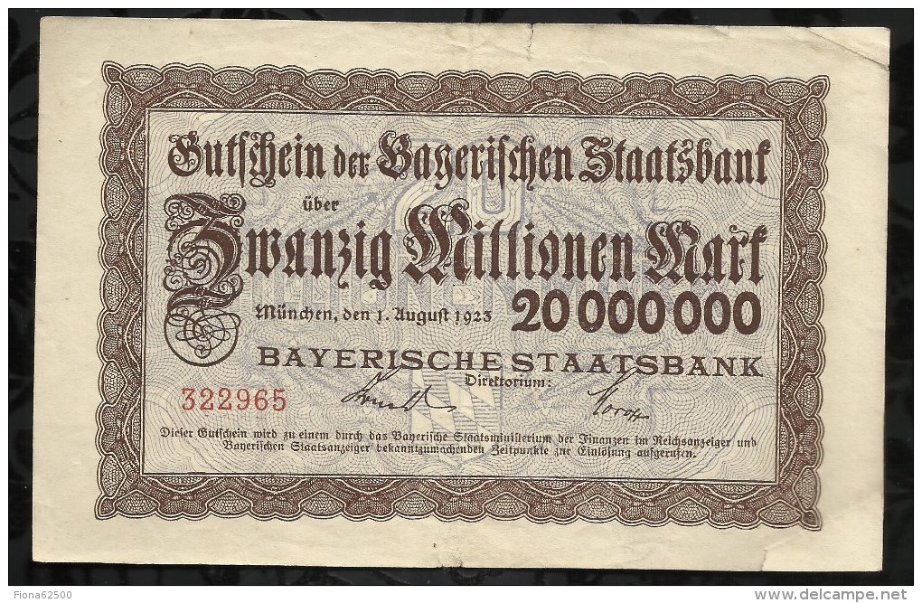 ALLEMAGNE .  BILLET DE 20 MILLION EN MARK . 1923 . - 20 Millionen Mark