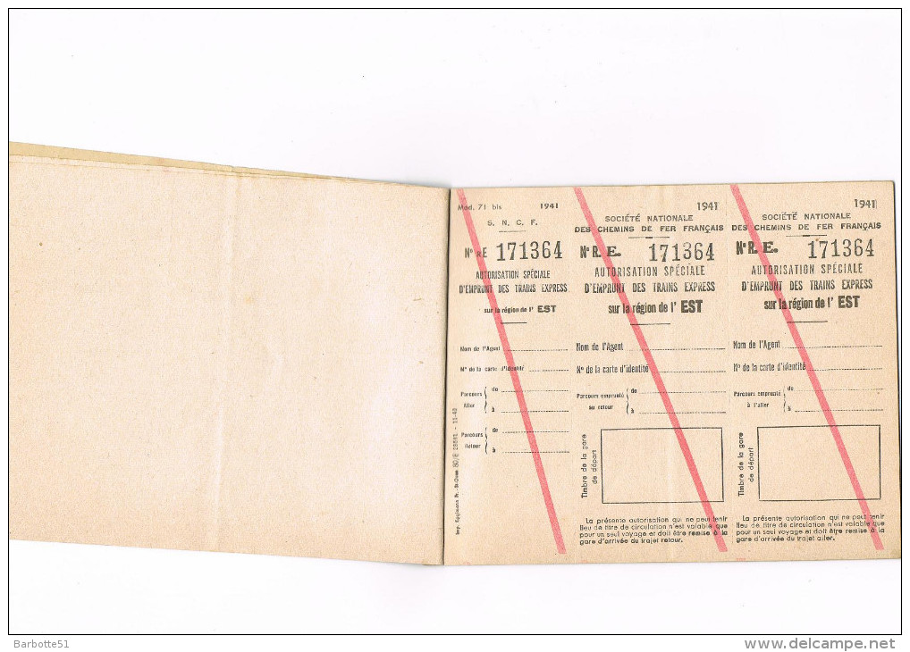 SNCF  -1  Carnet De Billets D´autorisations D´emprunt Des Trains Express  Année 1941 Voir Scans - Spoorweg