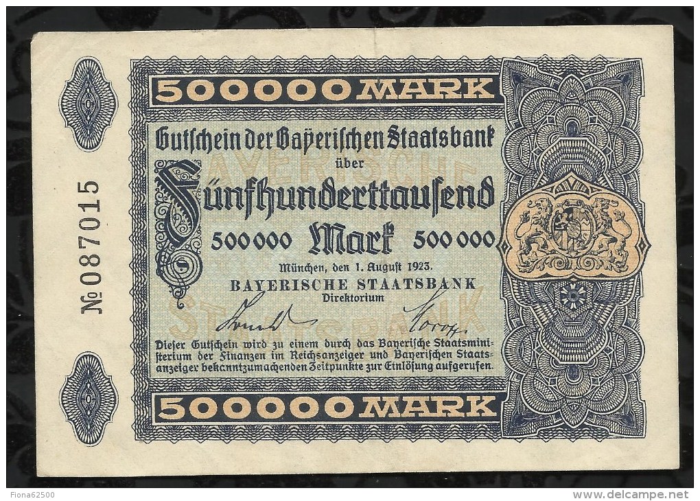 ALLEMAGNE .  BILLET DE 500.000  MARK . 1923 . - 500000 Mark