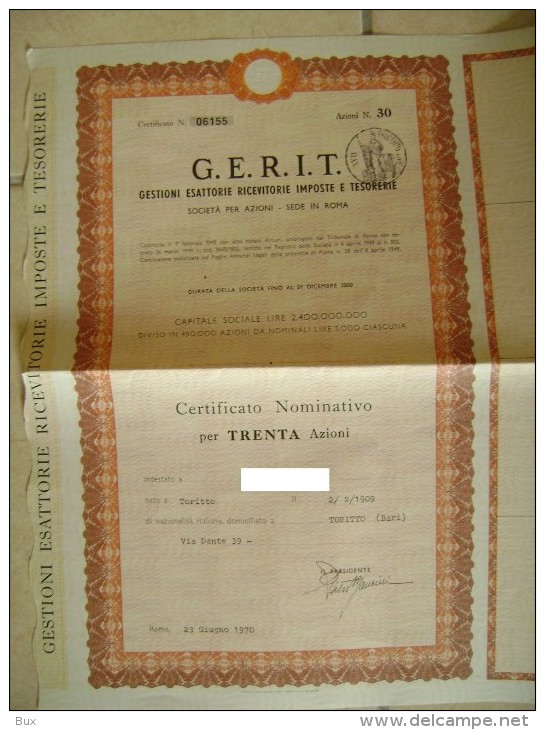 1970  GERIT   ROMA    TORITTO    BARI     TITOLO AZIONARIO  30  BOND + COUPONS - G - I