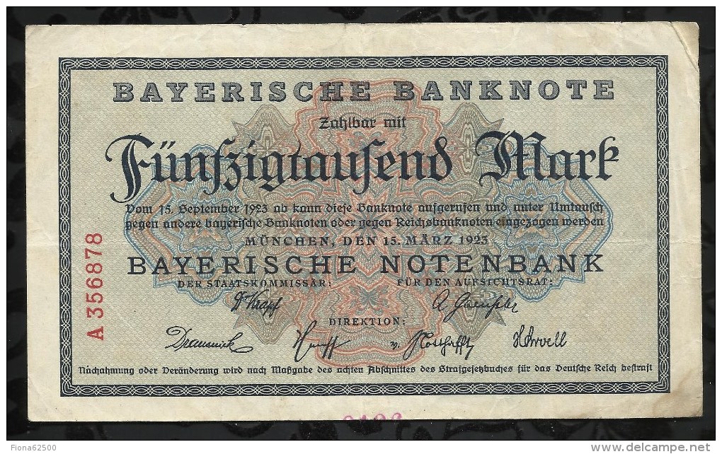 ALLEMAGNE .  BILLET DE 50.000  MARK . 1923 . - 50000 Mark