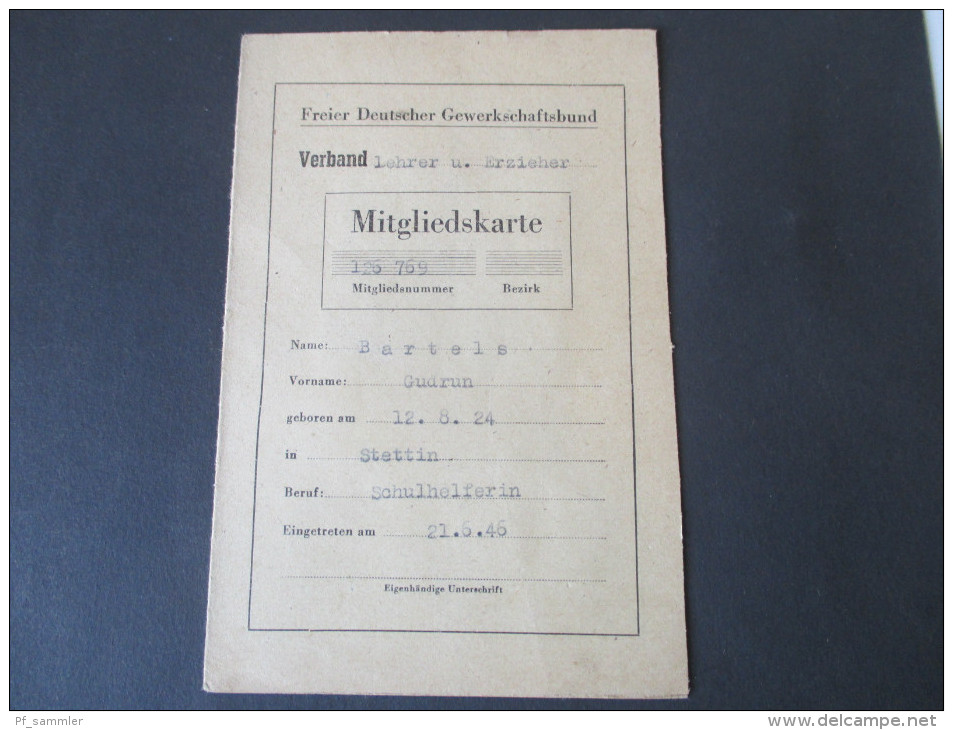 Freier Deutscher Gewerkschaftsbund Verband Lehrer U. Erzieher. 1946. Rabattmarken. Mitgliedskarte - 1900 – 1949