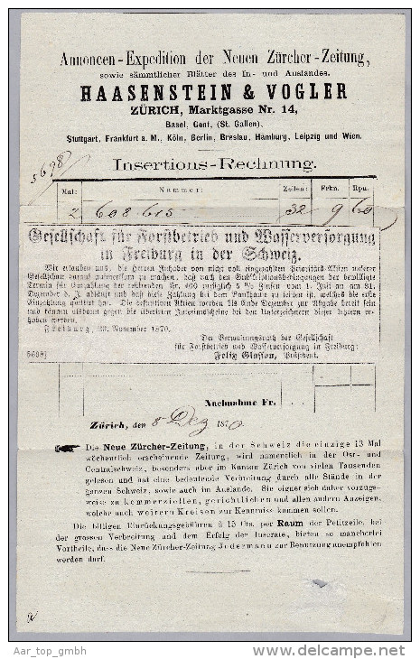 Heimat ZHs ZÜRICH Filiale 1870-12-07 Quittungsbrief Neue Zürcher Zeitung Nach Basel Mit 2Rp U. 10Rp. Sitzende - Lettres & Documents