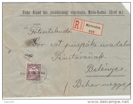 ROYAL CROWN STAMP ON REGISTERED COVER, COURT BAILIFF OFFICE HEADER, 1914, HUNGARY - Cartas & Documentos