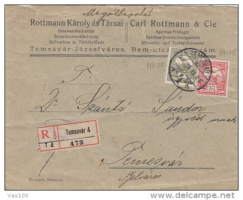 ROYAL CROWN STAMP ON REGISTERED COVER, SPIRITUOUS BEVERAGES FACTORY HEADER, 1914, HUNGARY - Cartas & Documentos