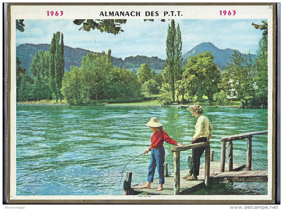 Calendrier 1963, Almanach Des PTT,postes,29 X 21,5 Cm.departement 26 Drome,ici L'on Peche,sous Le Soleil Du Midi - Big : 1961-70