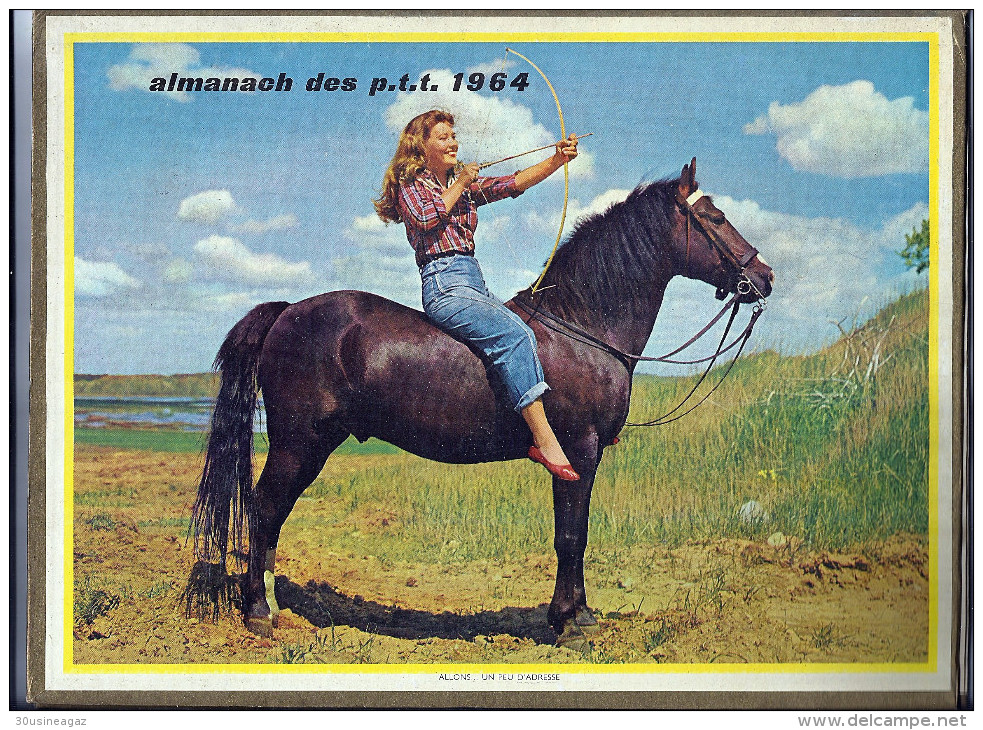 Calendrier 1964, Almanach Des PTT,postes,29 X 21,5 Cm.departement Drome, La Recompense ,allons Un Peu D'adresse, Cheval - Tamaño Grande : 1961-70