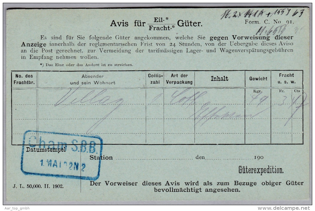 Heimat ZG CHAM 1902-05-01 Bahnhofstempel Blau CHAM SBB Auf Güter Postkarte - Storia Postale