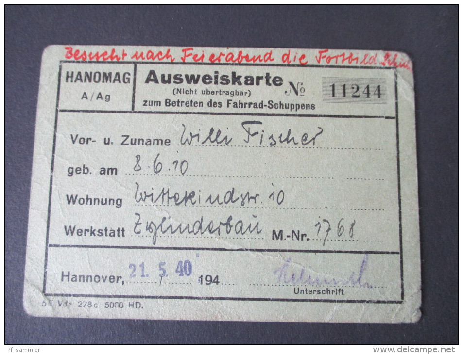 Hanomag A/Ag Ausweiskarte Zum Betreten Des Fahrrad-Schuppens. 1940. Werkstatt Zylinderbau - Documents Historiques