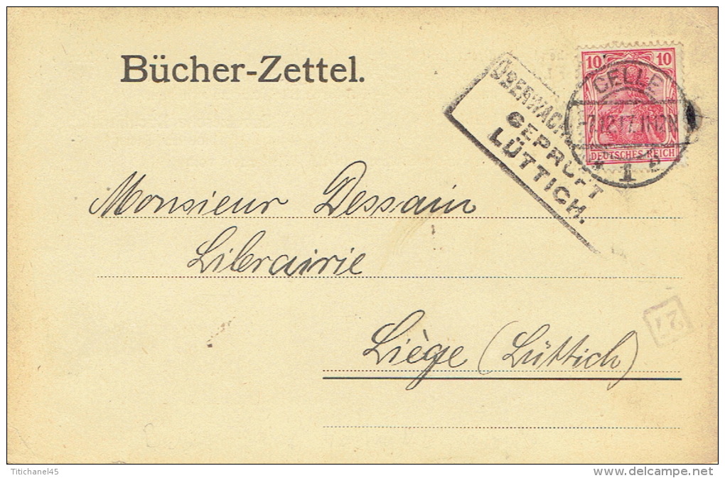 Deutsches Reich Postkarte  CELLE 1917 + Stempel "uberwachungstelle Geprüft LÜTTICH" - Andere & Zonder Classificatie