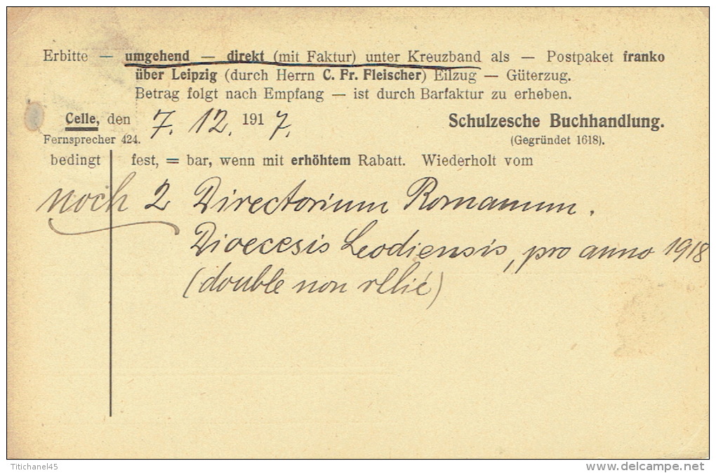 Deutsches Reich Postkarte  CELLE 1917 + Stempel "uberwachungstelle Geprüft LÜTTICH" - Andere & Zonder Classificatie