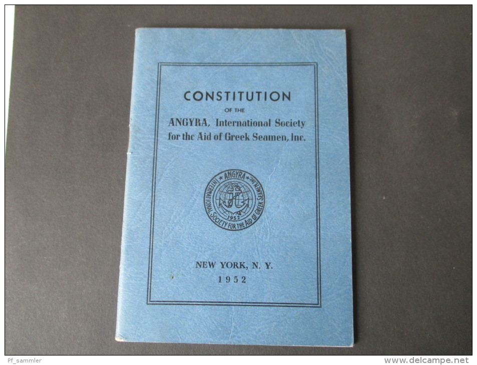 Constitution Of The ANGYRA, International Society For The Aid Of Greek Seamen, Inc.Griechische Seefahrer. 1952. New York - Wetten & Decreten