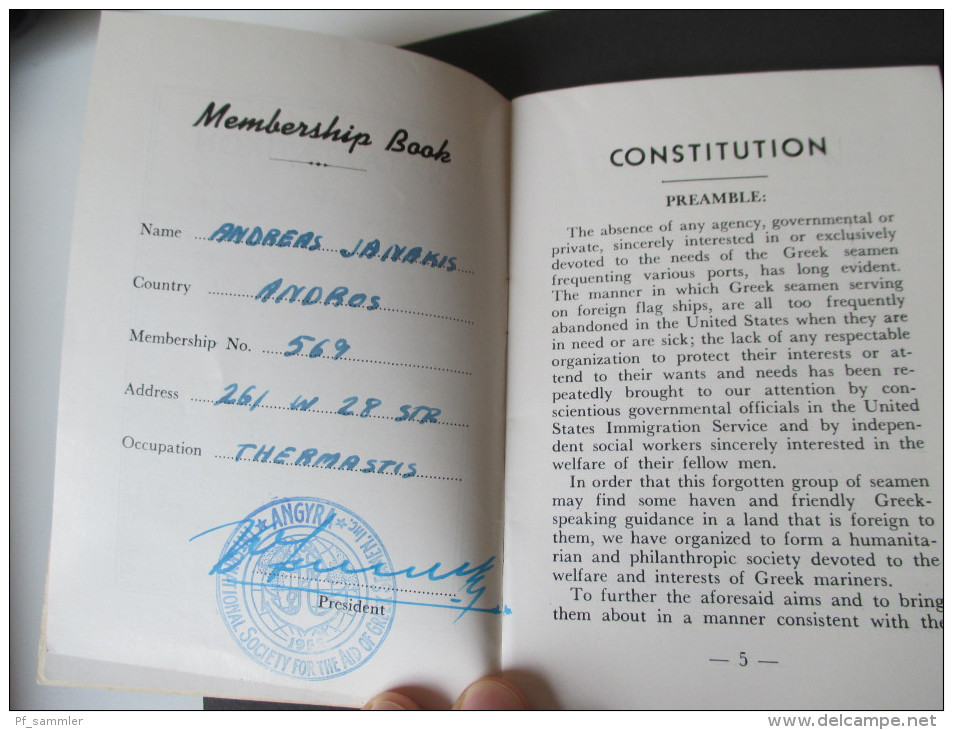 Constitution of the ANGYRA, International Society for the Aid of Greek Seamen, Inc.Griechische Seefahrer. 1952. New York