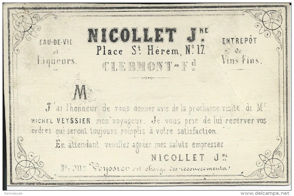 1864 -RARE 1c EMPIRE SEUL SUR CARTE COMMERCIALE NEGOCE EN VINS à CLERMONT-FERRAND (PUY De DOME) EXPEDIEE De FIGEAC (LOT) - 1849-1876: Période Classique