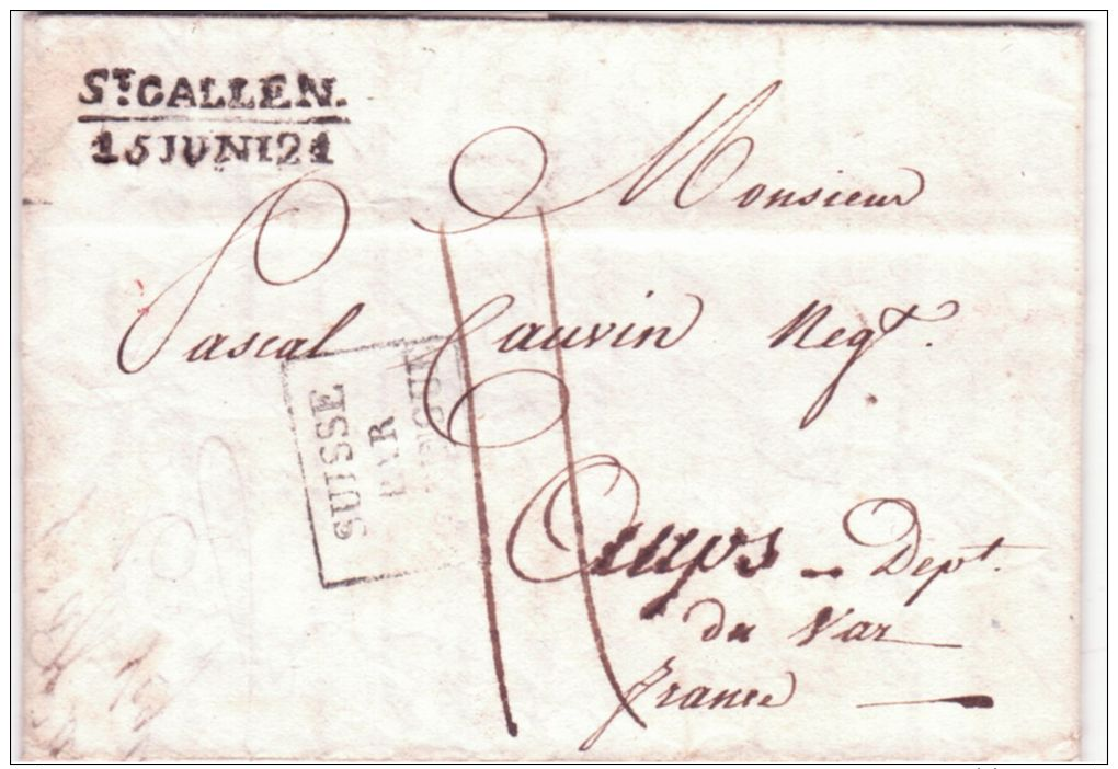 1821- Lettre De St GALLEN / 15 JUNI 21  Pour AUPS ( Var )  Entrée SUISSE /PAR / HUNINGUE - ...-1845 Vorphilatelie