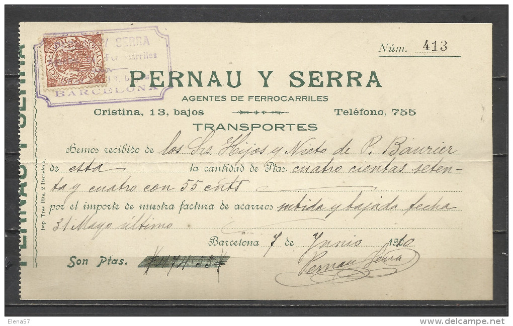 A148-SELLO FISCAL EN DOCUMENTO AÑO 1910 COMPLETO FISCALES BARCELONA FERROCARRIL RAIL WAY TRENES PERNAU Y SERRA . - Fiscal-postal