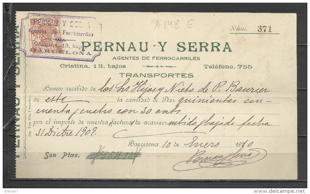 A148E-SELLO FISCAL EN DOCUMENTO AÑO 1910 COMPLETO FISCALES BARCELONA FERROCARRIL RAIL WAY TRENES PERNAU Y SERRA . - Fiscal-postal